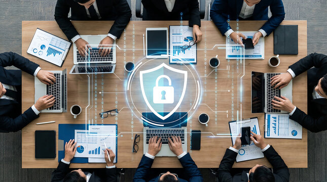 Top view of business team at meeting table with laptops and data charts, digital security shield hologram in center