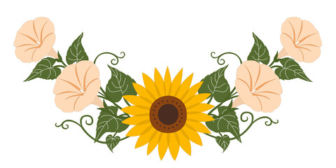 Yellow Sunflower and Peach Morning Glory Floral Wreath Illustration with Green Leaves and Vines