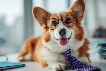 Funny Corgi dog wearing eyeglasses and purple tie sitting at office desk