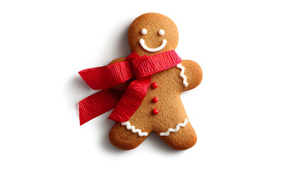 Gingerbread man cookie wearing a red knit scarf isolated on white background