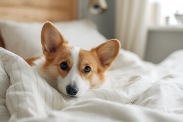 Cute Corgi dog lying in white bed sheets looking at camera