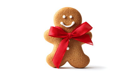 Gingerbread man cookie wearing a red knit scarf isolated on white background