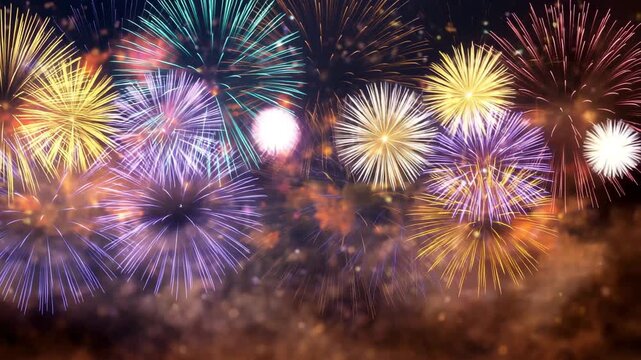 華やかな花火とキラキラ輝く背景動画