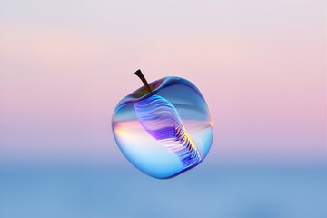 Transparent glass apple with colorful reflections on gradient background