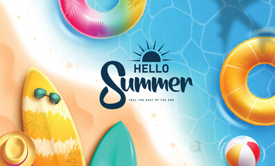 Fototapeta premium Hello Summer greeting clipart design. Hello Summer greeting text clip art with colorful floaters and surfboard Summer elements in sand and tropical beach background for vacation holiday vector 