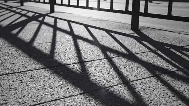 Black and white close-up of shadows cast by a metal fence on a textured concrete ground with a grid pattern.