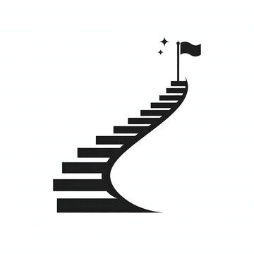 Black staircase silhouette climbing up to success flag goal on top, business career growth and achievement icon logo concept.