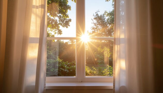 Bright morning sun shining through a window with white curtains and green trees visible outside, creating a warm and peaceful atmosphere.