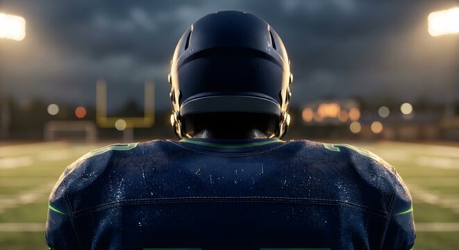 Dramatic rear view of an American football player in a navy and neon uniform facing the field under bright stadium lights. Perfect for sports marketing, competition, and grit concepts.