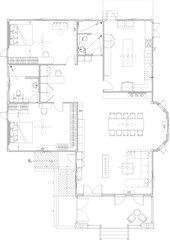 Furniture Layout Floor Plan of One-Story House with Two Bedrooms for 3&ndash;4 Residents