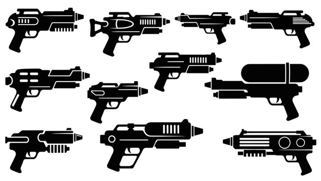 Collection of advanced futuristic laser blasters and space weapons rendered in dark silhouette vector graphics