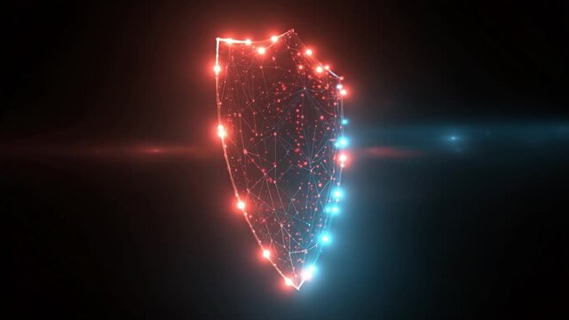 Cybersecurity Fortress: A digital shield pulsates with vibrant red and blue lights, symbolizing robust protection against unseen threats in the digital realm.