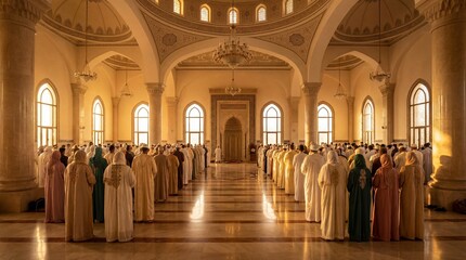 Interior view of a mosque with a congregation of people dressed in traditional attire, during a religious ceremony. The architecture is stunning