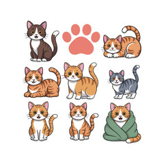 Fototapeta premium Cartoon cats in various poses and colors on white background with pink paw print kittens felines animals