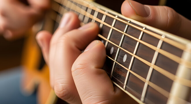 Close up of musician fingers playing acoustic guitar strings on fret