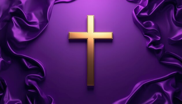 A golden cross stands out against a backdrop of rich purple draped fabric, radiating an air of reverence and faith
