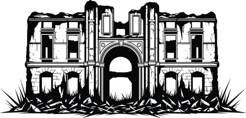 Naklejka premium Abandoned ruined historic building silhouette vector illustration with classical arch architecture, dramatic black white urban decay design