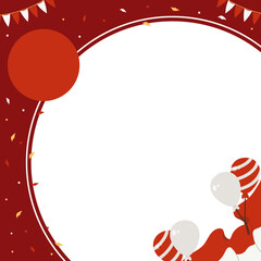 HUT RI Celebration Balloon Frame with Red White Elements on Maroon Background