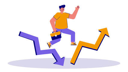 A cheerful businessman carrying a briefcase jumps from a falling purple arrow to a rising yellow arrow symbolizing recovery