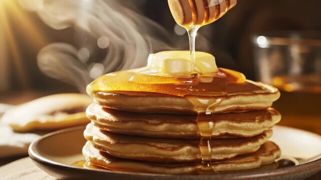 Fluffy pancake stack with melting butter and golden honey drizzling, sweet syrup for breakfast, golden morning light, delicious homemade treat, warm comfort food, appetizing and inviting dessert