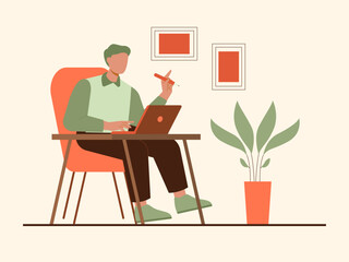 Fototapeta premium Man working working in a home office or a remote work setting. Solopreneur illustration. Flat vector concept.