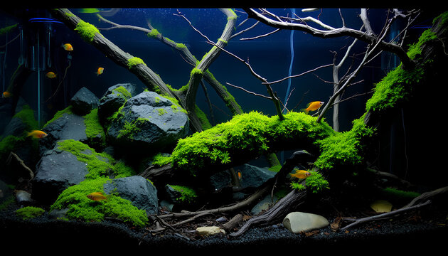 Rainforest creek-inspired biotope aquarium with dark substrate, moss-covered rocks, twig litter, and ember tetras exploring among submerged branches 2