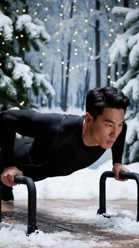 An athletic man in black performs push-ups on parallel bars in a snowy environment