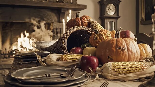 Cozy Thanksgiving Dinner Table with Cornucopia and Fireplace.