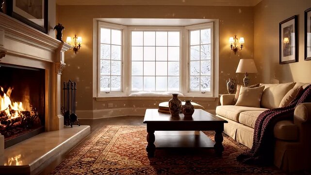 Cozy Living Room with Fireplace and Bay Window in a Warm and Inviting Home Setting.