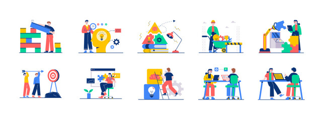 Set of 10 skill building illustrations. Flat vector concepts.