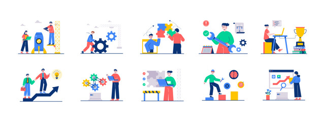 Fototapeta premium Set of 10 skill building illustrations. Flat vector concepts.