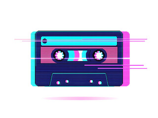 Naklejka premium Abstract Glitch Art Style Depicting a Vintage Cassette Tape, Symbolizing Retro Music and a Digital Distortion Aesthetic on a Clean White Background