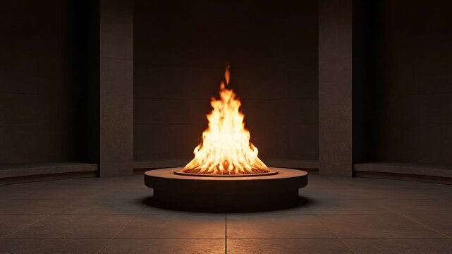 A seamless 3d rendered fire pit burns intensely, casting a warm orange glow in a dark, minimalist architectural room.
