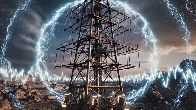 Electromagnetic Pulse Generator Tower Emitting Powerful Energy Waves.