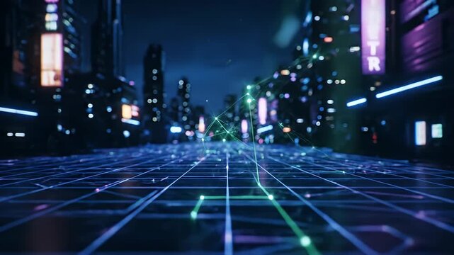 Futuristic Cityscape with Neon Lights at Night.