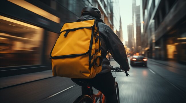 Bicycle Courier with Yellow Thermal Backpack Delivering Food in a Busy City. Urban logistics concept for fast meal delivery services, gig economy workers, and eco-friendly metropolitan transportation.