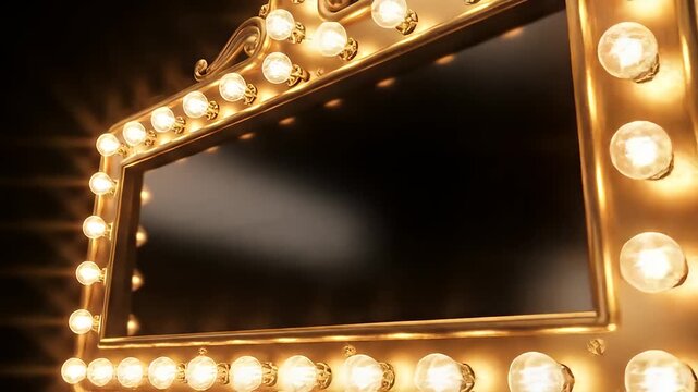 Golden Marquee Sign with Glowing Light Bulbs on Dark Background.