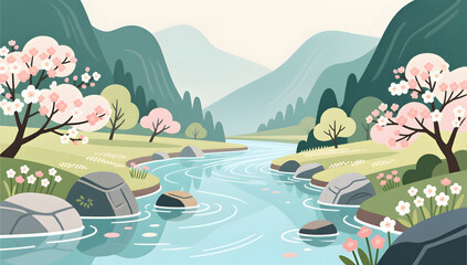 Obraz premium Spring valley stream with blooming flowers on both banks