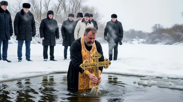 Christian priest baptizing water in icy river for Epiphany with men observing from snow covered bank