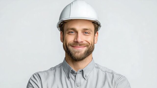 Content Engineer with Confident Demeanor: A distinguished engineer, adorned with a sturdy helmet, projects a vision of confident proficiency. His pleasant smile and engaging gaze reflect expertise.