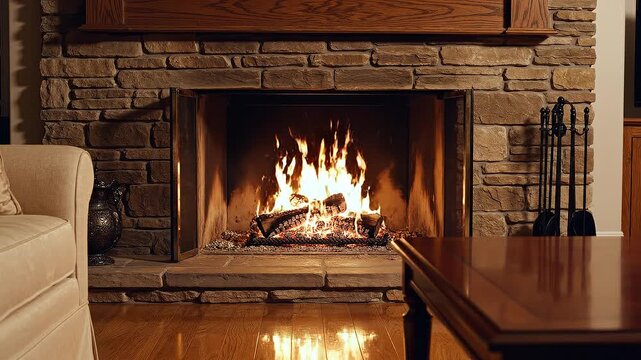 Cozy fire burning brightly in a stone fireplace, casting a warm glow across the living room floor.