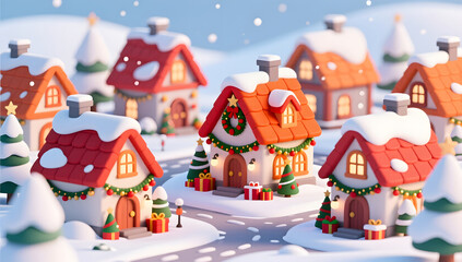 Obraz premium Cartoon style architectural complex with red roofs in winter snow