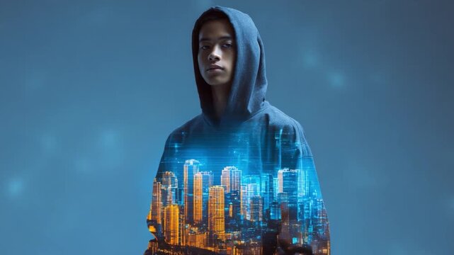 City Dweller's Contemplation: An introspective individual, cloaked in a hooded garment, reflects against a cityscape backdrop, a visual dialogue between urban existence and self-awareness.