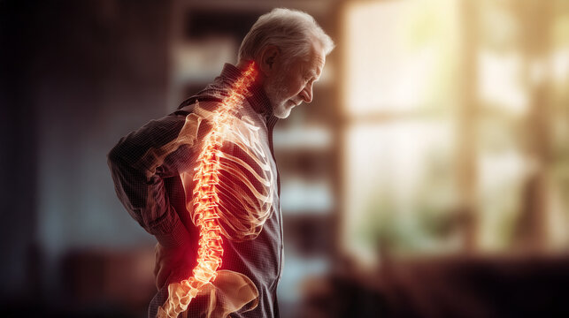Senior man suffering from back pain with highlighted spine and vertebrae, concept of spinal issues and chronic discomfort
