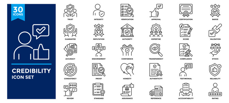 Credibility icon collection set. Containing expertise, honesty, integrity, consistency, reputation, trust icon. Line Icon Collection. Vector illustration.