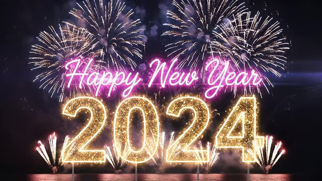 Happy New Year 2024 Celebration with Fireworks and Neon Lights.