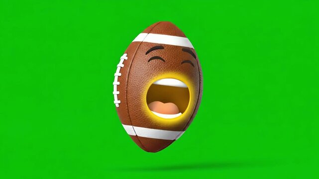 An energetic 3d american football emoji is yelling loudly with a glowing mouth, isolated on a vibrant green screen.