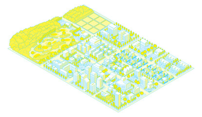 街並みの立体図. 都市の景観. アイソメ図で描いた都市.