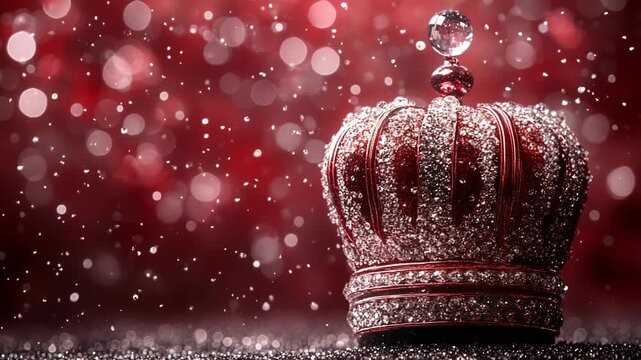 A bejeweled crown with a ruby and crystal design, sparkling against a rich, blurred red background