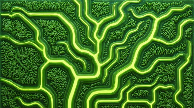 Inspired by biotechnology, the circuit features green and copper-colored organic flowing shapes, mimicking plant veins or microbial structures; a conceptual illustration from a macroscopic perspective